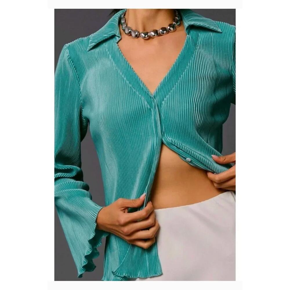 Dolan Anthropologie Crinkle Button Up Collared Blouse Teal lettuce hem size S